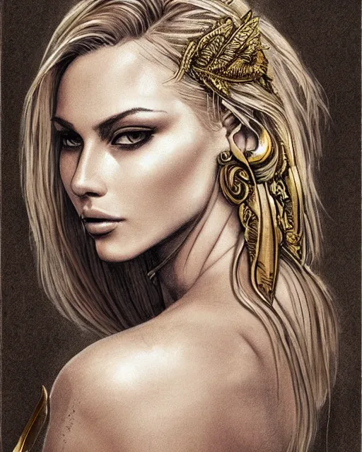 Image similar to tattoo sketch of hot blonde super model as aphrodite greek goddess wearing a gold laurel wreath and triangle earrings, beautiful piercing gaze with sharp pupils, in the style of greg rutkowski, fantasy, amazing detail, epic, elegant, smooth, sharp focus, front view