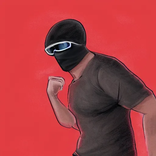 Image similar to sketch of a short stocky buff guy in a plain black t - shirt and cargo shorts, wearing a red ski mask over his entire face, black ski goggles, detailed, dramatic lighting, artstation