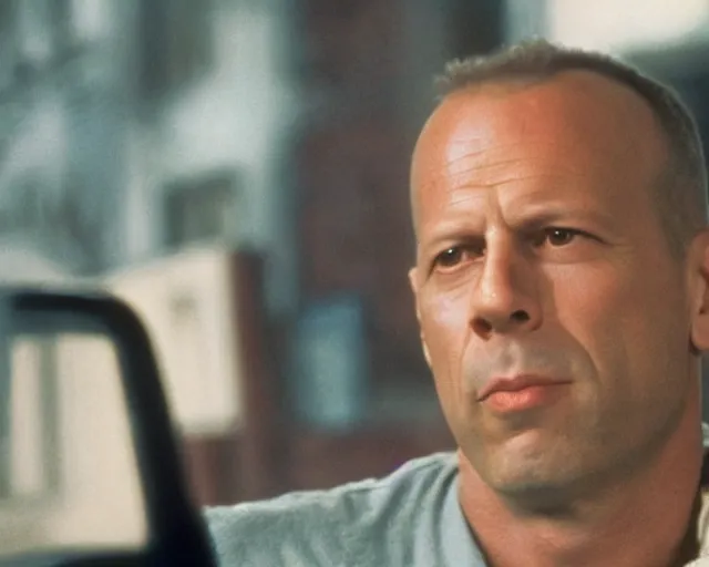 Image similar to film still of zooey channel as bruce willis in die hard