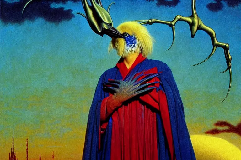 Image similar to realistic detailed portrait movie shot of a birdman wearing a dark robes, sci fi city landscape background by denis villeneuve, amano, yves tanguy, alphonse mucha, ernst haeckel, max ernst, roger dean, masterpiece, rich moody colours, dog teeth, blue eyes, sunset