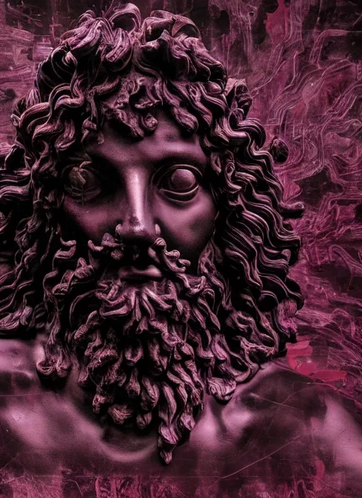 Image similar to dark design poster showing a statue of dionysus, mostly monochromatic, black background with very subtle red and purple design elements, powerful, nekro, vito acconci, thin straight lines, dark, glitch art, neo vaporwave, gritty, layout frame, square, trending on artstation