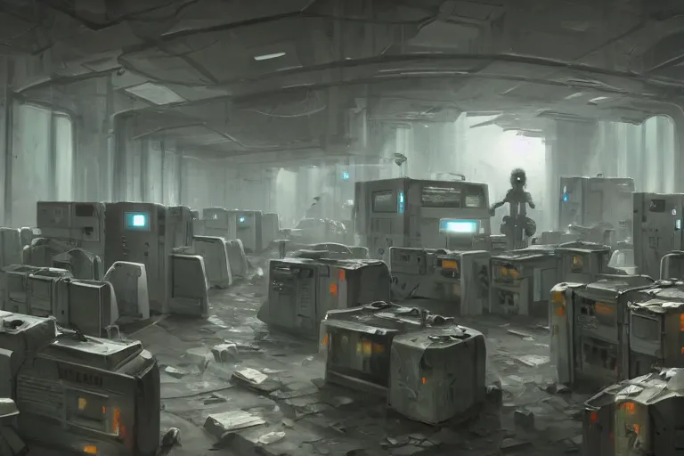 Image similar to gloomy ruined server room in datacenter painting concept art of half - body robot, artillery, pacing, computers, racks, motherboard, by pascal blanche rutkowski artstation detailed matte painting, 4 k resolution