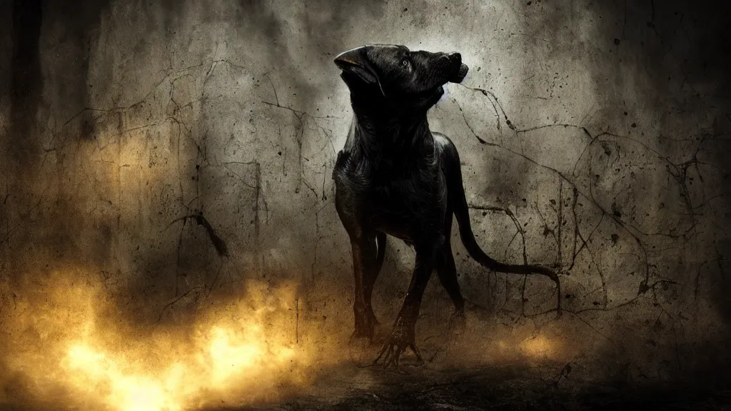 Prompt: monster black dog, eldritch, horror, 8K, concept art, filmic, HDR, hyperrealism, volumetric lighting, Dark art