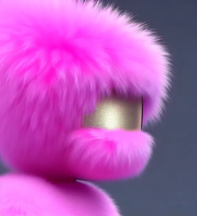 Image similar to high quality 3 d render hyperrealistic very cute small pink robot, plush mascot, short spiky dense fluffy smooth hair, photo from the side, pink fluffy fur, 1 5 0 mm, beautiful natural soft light, rim light, smooth background, artstation, ultra detailed, elegant, ultra detailed, metallic armor, octane render