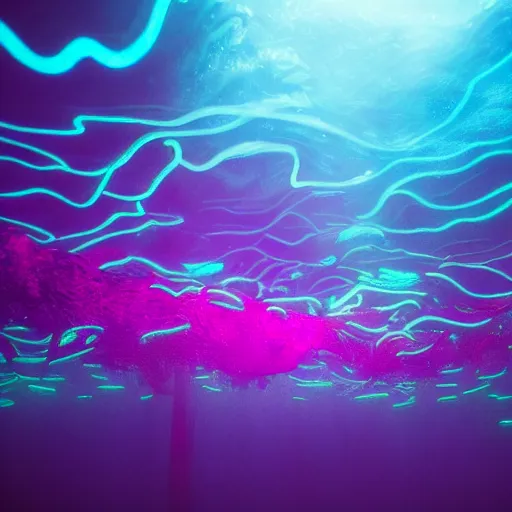 Image similar to an underwater alien ocean, filled with bioluminescence, twirling glowing sea plants, neon colors, and a mystical misty glow, ethereal