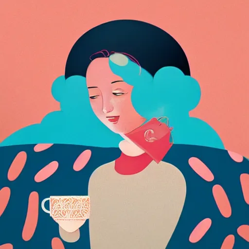 Prompt: illustration of a pretty girl having a cup of coffee, happy feeling, waking up, by malika favre and victo ngai