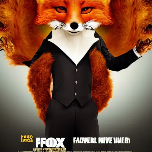 Image similar to movie poster featuring an anthropomorphic fox wearing a black suit, fried chicken in the background, promotional media