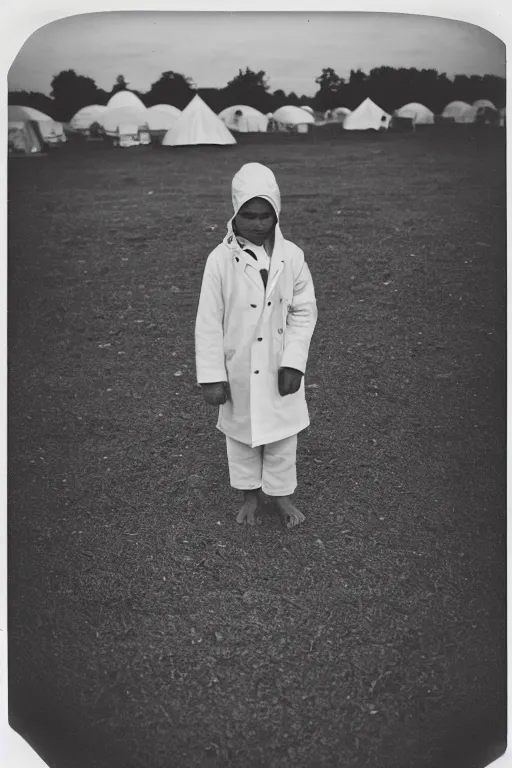 Image similar to photo polaroid of a sad and lonely child in a white coat and barefoot stands in the middle many big tents of field hospitals, pandemic, covid, loneliness, black and white ,photorealistic, 35mm film,