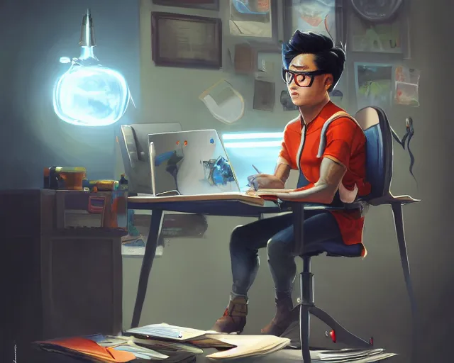 Image similar to an insanely detailed painting of a nerdy asian man wearing a superhero costume, sitting at a desk, staring at the nervously at the computer and typing, in the style of peter mohrbacher, dramatic lighting and composition, octane render, pixar, trending on artstation, concept art, comic book, view from behind