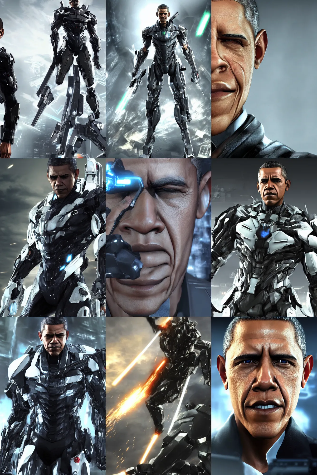Prompt: barack obama in metal gear rising revengeance, metal gear rising, barack obama, octane render, 8 k, realistic face, realistically proportioned head, realistically proportioned face