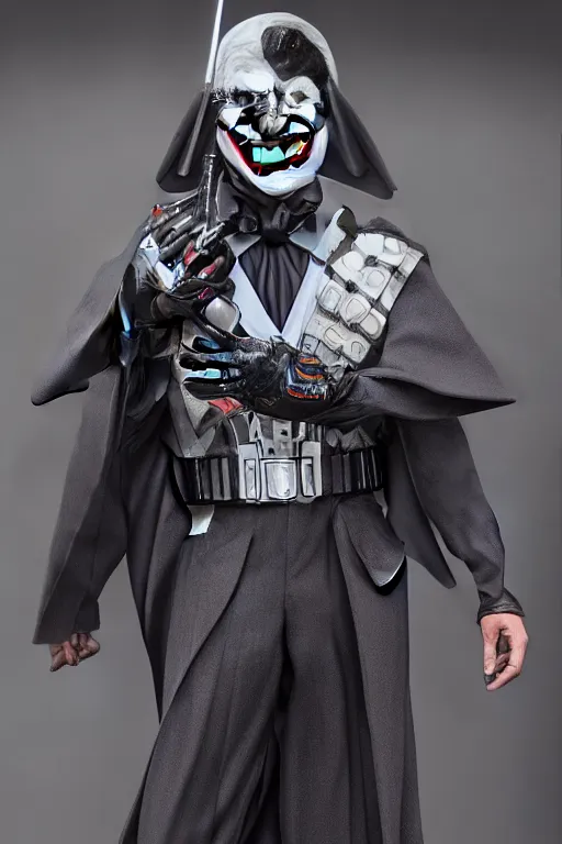 Prompt: Joker wearing vader's armor suit, realistic cosplay, full character, highly detailed, highly realistic