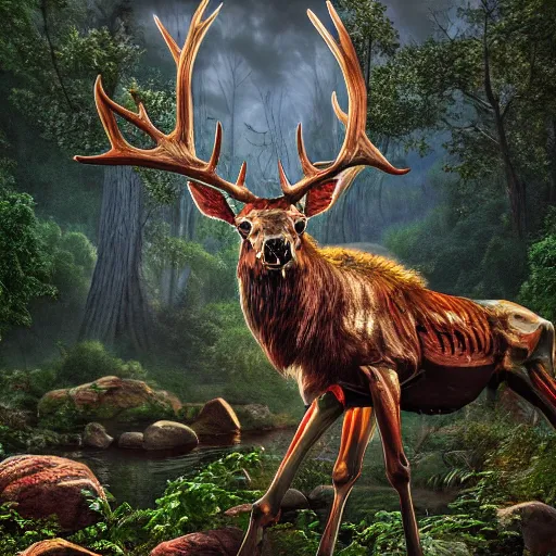 Image similar to Photorealistic skeletal elk in the garden of eden. Hyperdetailed photorealism, 108 megapixels, amazing depth, glowing rich colors, powerful imagery, psychedelic Overtones, 3D finalrender, 3d shading, cinematic lighting, artstation concept art