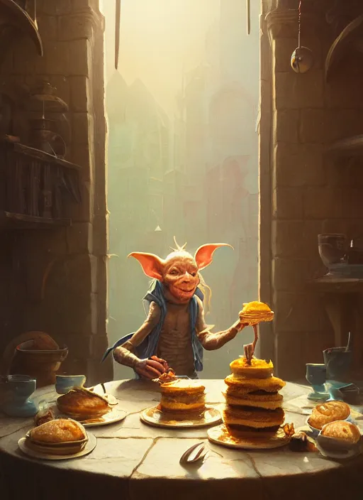 Image similar to highly detailed portrait of a medieval goblin eating cakes, stephen bliss, unreal engine, greg rutkowski, loish, rhads, beeple, makoto shinkai and lois van baarle, ilya kuvshinov, rossdraws, tom bagshaw, tom whalen, alphonse mucha, global illumination, god rays, detailed and intricate environment