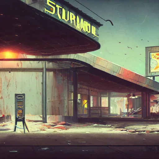 Prompt: post apocalyptic shopping mall exterior with old branding, digital painting by Mike Winkelmann