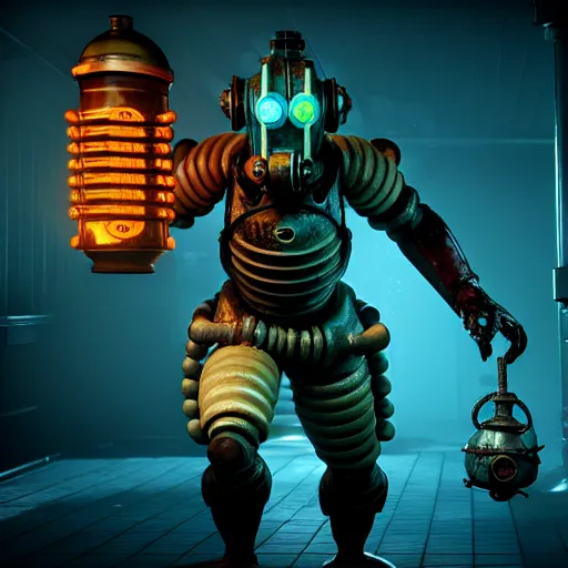 Image similar to isaac clarke as a bioshock big daddy, unreal engine 5, bioshock deadspace, high detail 3 d render,