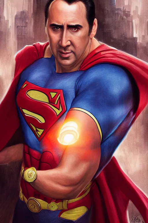 Prompt: Portrait of Nicolas Cage as superman cinematic lighting, intricate, elegant, highly detailed, digital painting, artstation, painted by Artgerm and Mark Waid and Greg Rutkowski and Mandy Jurgens