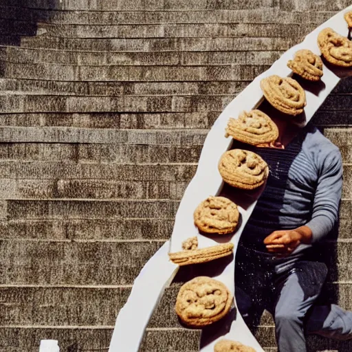 Prompt: a guy walking up a spiral staircase made of cookies