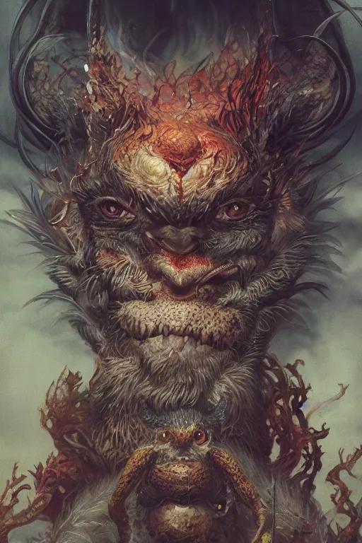 Image similar to a portrait of a the great japanese devil animal illustrated by miyazaki by karol bak, james jean, tom bagshaw, rococo, sharp focus, trending on artstation, cinematic lighting, hyper realism, octane render, 8 k, hyper detailed, vivid, ultra detailed, highly detailed