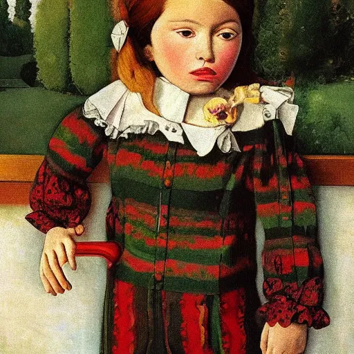 Image similar to little girl wearing an gucci's outfit. art made by artgem, inspired by balthus, highly detailed, realistic,