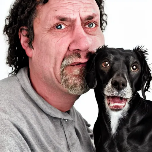 Prompt: worlds ugliest man with his ugly dog, portrait photography