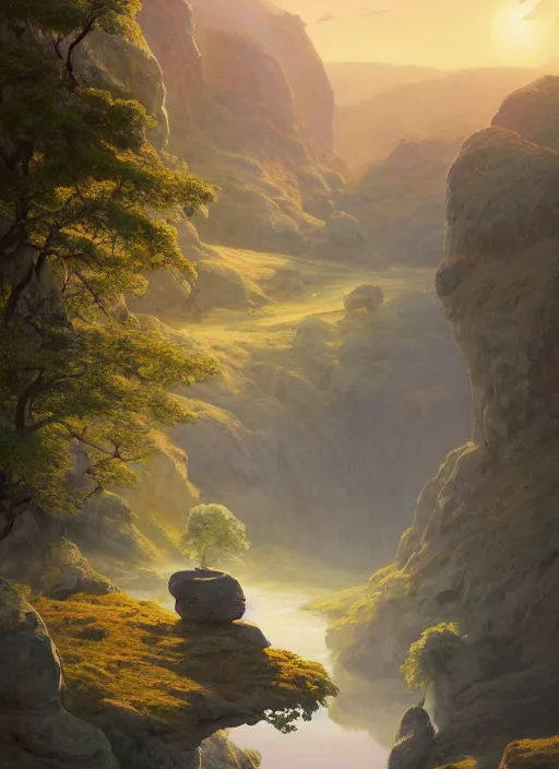 Prompt: standing stones overlooking a wide gorge, extremely detailed oil painting, unreal 5 render, rhads, sargent and leyendecker, savrasov levitan polenov, bruce pennington, studio ghibli, tim hildebrandt, digital art, landscape painting, octane render, beautiful composition, trending on artstation, award winning photograph, masterpiece