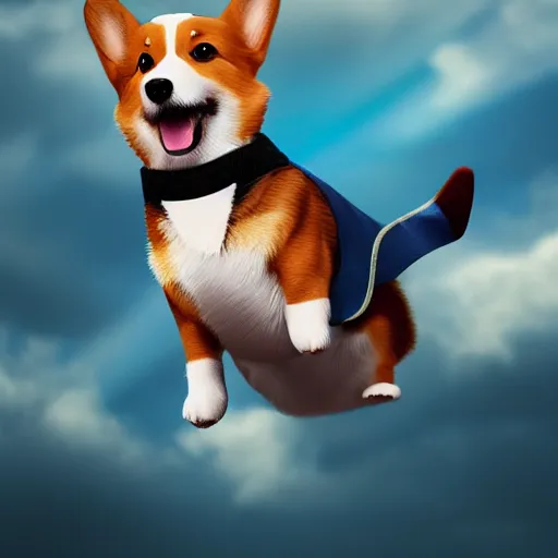 Prompt: [ corgi wearing a superhero suit ] flying in [ the sky ] trending on artstation 4 k digital art cgsociety contest winner artstation hd 8 k detail bright lighting beautiful atmosphere whimsical clouds blue sky