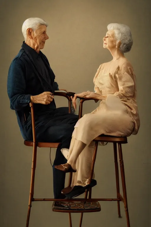 Prompt: a beautiful ultradetailed fine art old vintage couples portrait photo of two people sitting on a chair and standing, by tom bagshaw and zach sutton, couples portrait, vignette, 35mm lens, golden ratio composition, studio photography, very detailed, humanoids, artstation, 8k, highly coherent