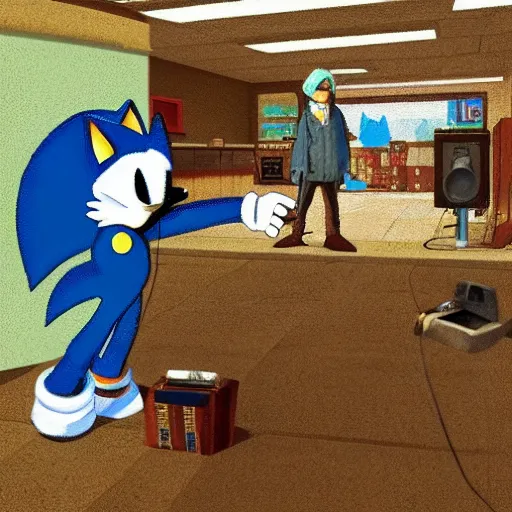 Prompt: Security camera footage of bootleg Sonic robbing a convenience store, painting by Grant Wood, 3D rendering by Beeple, sketch by R. Crumb