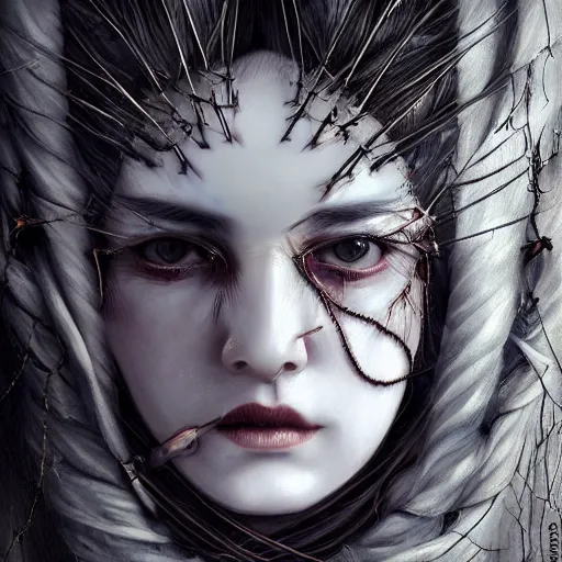 Image similar to portrait of a Shibari barbed wire wrapped face and neck, headshot, insanely nice professional hair style, dramatic hair color, digital painting, of a old 17th century, old cyborg merchant, amber jewels, baroque, ornate clothing, scifi, realistic, hyperdetailed, chiaroscuro, concept art, art by Franz Hals and Jon Foster and Ayami Kojima and Amano and Karol Bak,