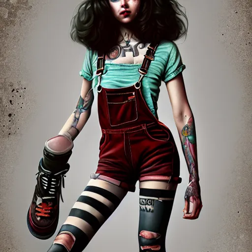 Image similar to full body pose, grungy alice, torn overalls, short shorts, combat boots, fishnets, beautiful, highly detailed face, true anatomy!, extremely detailed!, digital painting, unreal engine 5, art by tom bagshaw