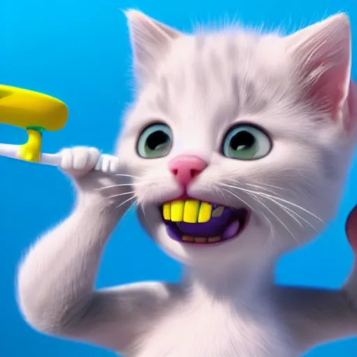 Image similar to a kitten character brushing teeth with a toothbrush and toothpaste, still from the movie pets, pixar render, dreamworks, movie poster disney