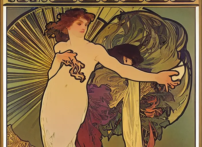 Prompt: joe band performing a thousand hands dance, alphonse mucha, 8 k