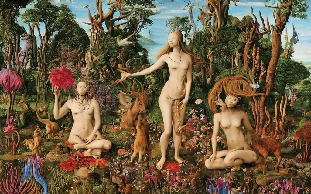 Image similar to photograph of a meditating centaur shaman and a mermaid feeding animals. surrounded by bulbous flowers, animals and a few trees. river delta with dry rocky mountains under a blue sky full of burning stars. painted by jan van eyck, max ernst, ernst haeckel, ernst fuchs and artgerm. trending on artstation, treding on cgsociety