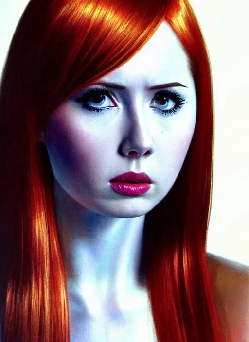 Image similar to beautiful 20 year old Karen Gillan as the goddess of black leather. ultra detailed painting at 16K resolution and amazingly epic visuals. epically beautiful image. amazing effect, image looks gorgeously crisp as far as it's visual fidelity goes, absolutely outstanding. vivid clarity. ultra. iridescent. mind-breaking. mega-beautiful pencil shadowing. beautiful face. Ultra High Definition. godly shading. amazingly crisp sharpness. photorealistic film cel processed twice..