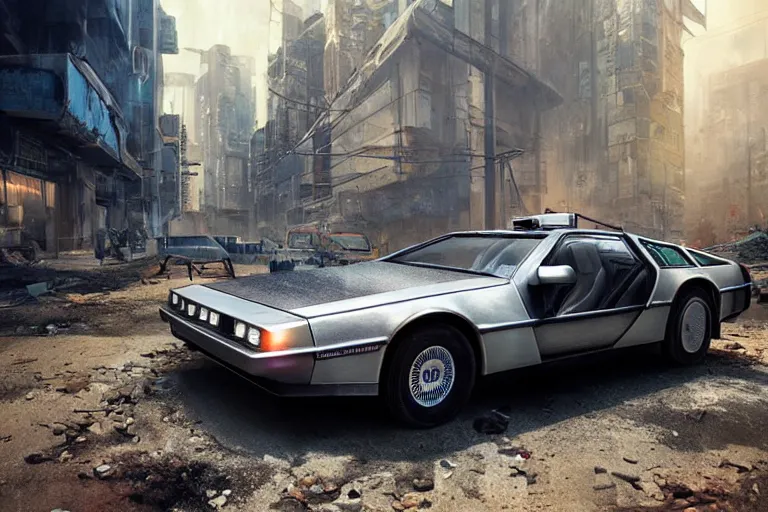 Image similar to highly detailed photorealistic rendering of a delorean parked on the streets of a cyberpunk abandoned city, driver side gullwing door is open, futuristic post - apocalyptic vibe, by greg rutkowski and stanley artgerm and alphonse mucha, octane, sharp focus, hyperrealistic, unreal engine 5, vray, masterpiece