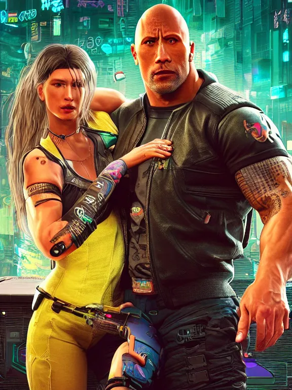 Image similar to a cyberpunk 2077 portrait of Dwayne Johnson holding a female android,love moive pose,complex mess of cables and wires behind them connected to giant computer,film lighting,by laurie greasley,Lawrence Alma-Tadema,William Morris,Dan Mumford, trending on atrstation,full of color,face enhance,sharp focus, highly detailed,8K, octane,golden ratio,cinematic lighting