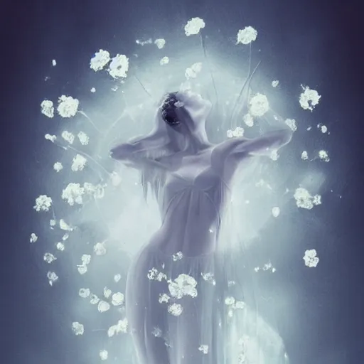 Prompt: woman dancer, lot of white petals in room, ultra ethereal illustration, trending on artstation, concept art, fantasy art, Pareidolia