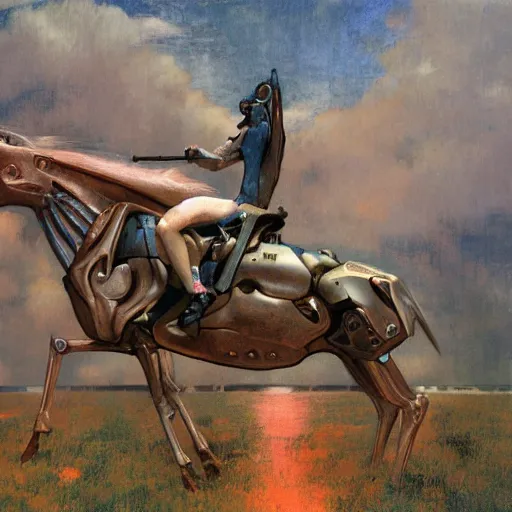 Image similar to carnivorous cyborg horse, by c. leyendecker, degas, simon stalenhag, studio ghibli, barlowe, audobon and beksinski