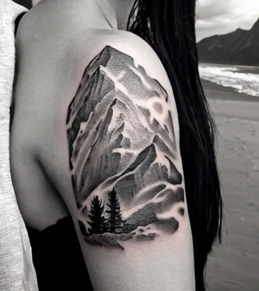 Image similar to tattoo design sketch of an extremely beautiful woman face with a stunning mountain view faded background on her side, hyper - realistic, double exposure, in the style of matteo pasqualin, amazing detail, black and white, faded