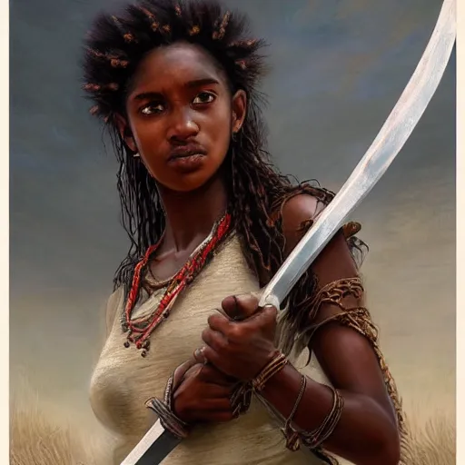 Image similar to artstation concept of a beautiful girl holding a sword in both hands, brown skin, sweaty skin, symmetrical face, casual white garment, brown canyon background, shiny colorful, hyperdetailed, artstation trending, world renowned artists, worth1000.com, historic artworks society, antique renewel, cgsociety, by greg rutkowski, by Gustave Dore, Deviantart