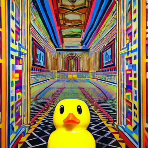 Image similar to wide shot, one! photorealistic rubber duck in foreground on a pedestal in an cavernous museum, the walls are covered floor to ceiling with colorful geometric wall paintings in the style of sol lewitt, tall arched stone doorways, through the doorways are more mural paintings in the style of sol lewitt.