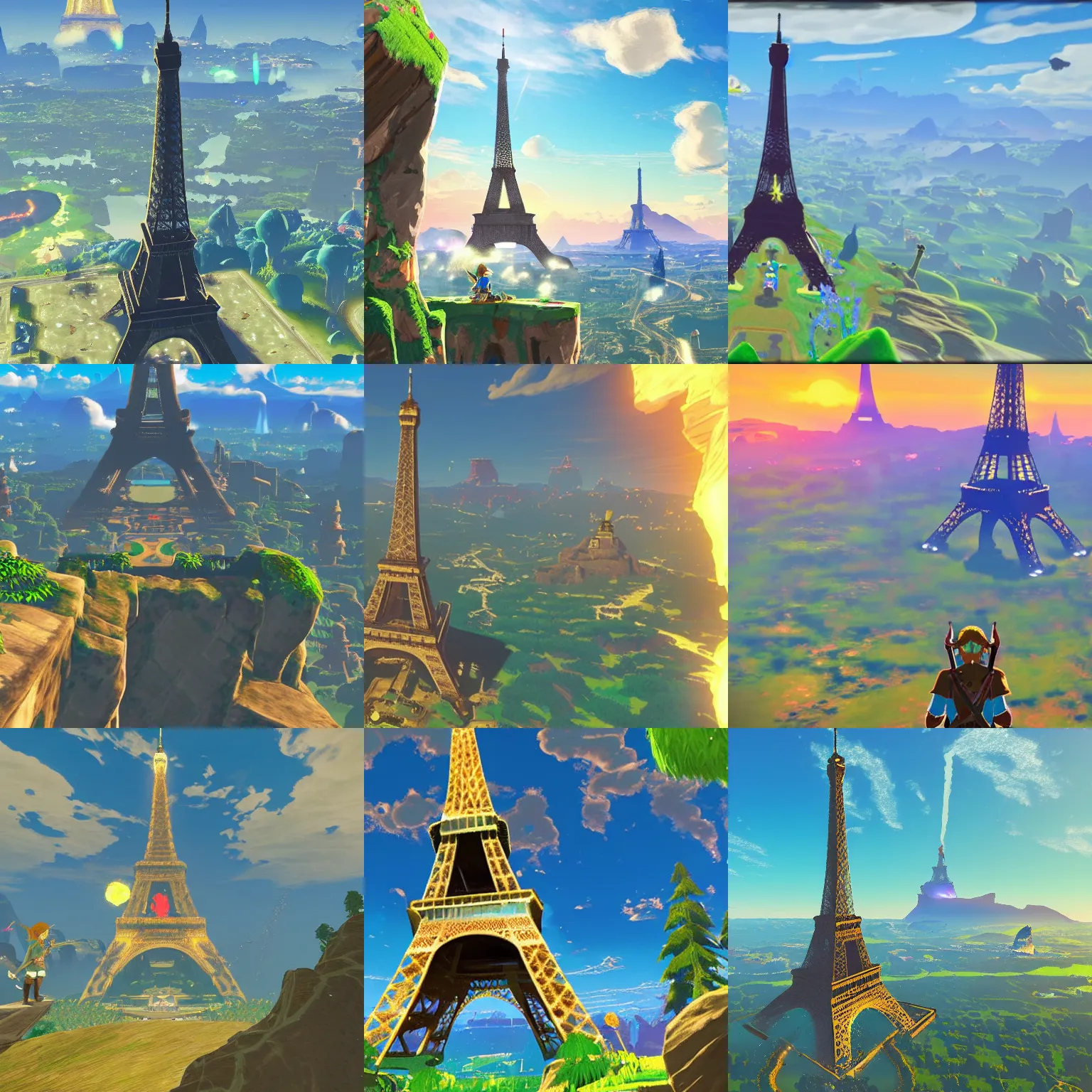 Prompt: The Eiffel Tower in The Legend of Zelda Breath of the Wild, ultra, highly detailed, 4k quality photo