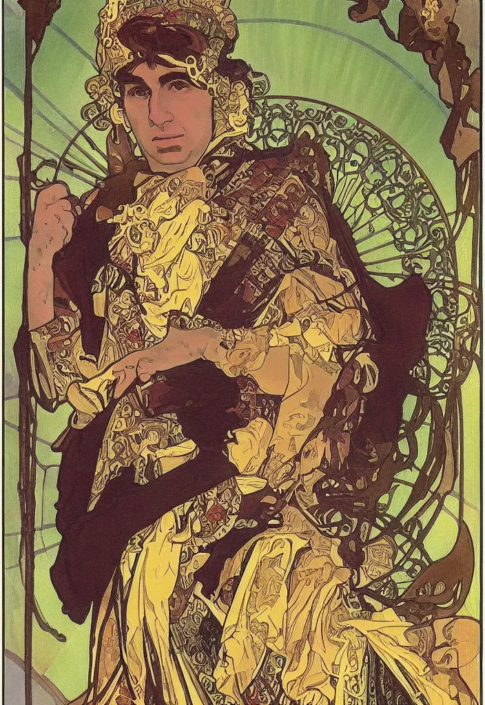 Image similar to Yoshua Bengio as the emperor on a tarot card, tarot in art style by Alphonse Mucha