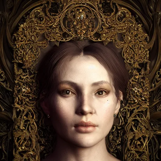 Prompt: beatifull frontal face portrait of a woman, mandelbrot fractal, intricate, elegant, highly detailed, ornate, ornament, elegant , luxury, beautifully lit, ray trace, octane render in the style of Gerald Brom and Andrew Wyeth