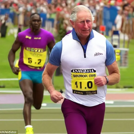 Image similar to photo finish as prince charles wins the 1 0 0 metres sprint in new world record