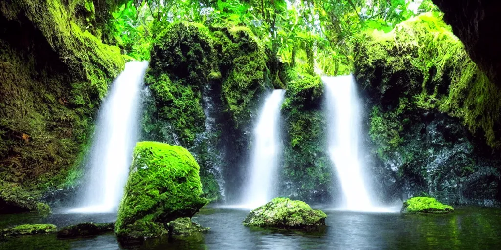 Prompt: photo of waterfall with plants inside cave, water drops, fairies flying, mystical, nature, water drop