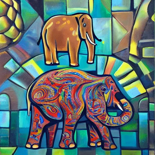 Prompt: an abstract oil painting of a gangster elephant and a gangster parquet