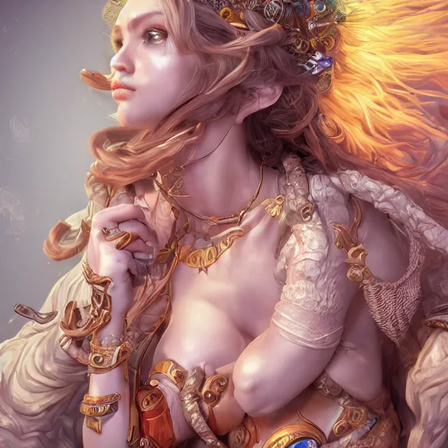 Image similar to studio portrait of neutral good colorful female cleric bard healer as absurdly beautiful, elegant, young sensual swimsuit model, ultrafine hyperrealistic detailed face illustration by kim jung gi, irakli nadar, intricate linework, sharp focus, bright colors, matte, octopath traveler, final fantasy, unreal engine highly rendered, global illumination, radiant light, intricate environment