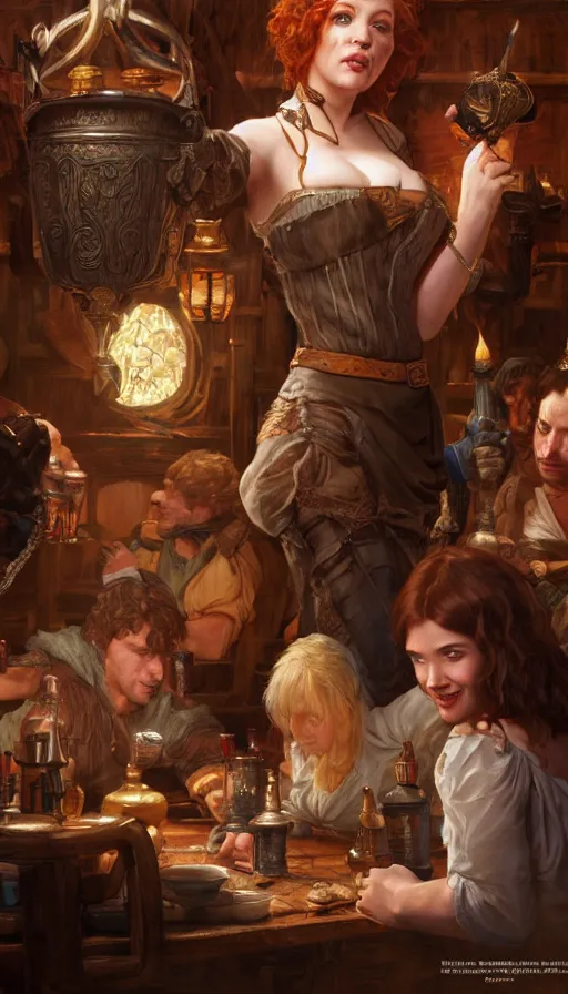 Image similar to young christina hendricks in a tavern, energetic, laughing, fit, warhammer, lord of the rings, sweaty, strong, intricate, highly detailed, digital painting, artstation, concept art, smooth, sharp focus, illustration, unreal engine 5, 8 k, art by artgerm and greg rutkowski and alphonse mucha