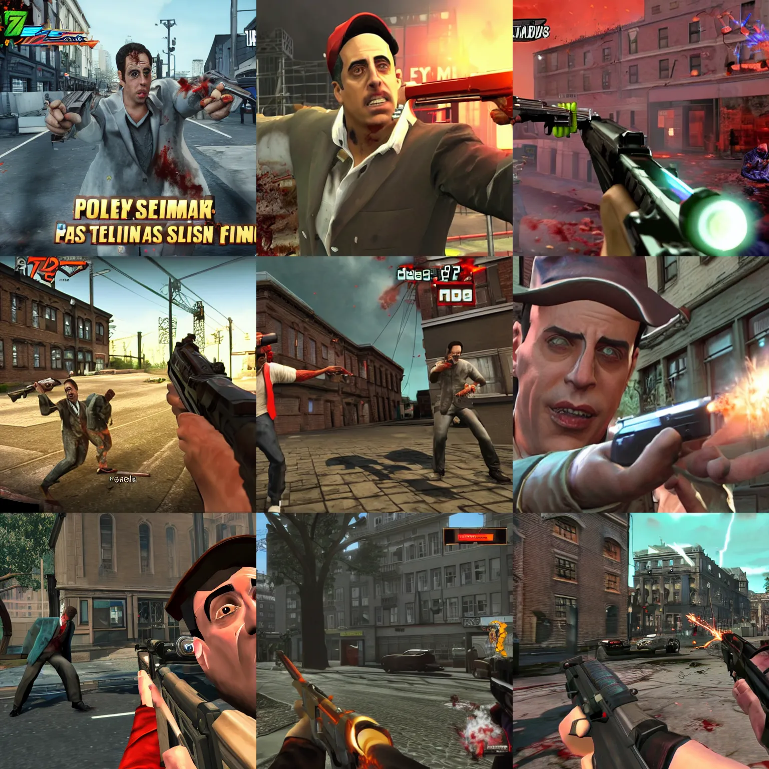 Prompt: ps 5 screenshot of jerry seinfeld shooting zombies with a revolver close up